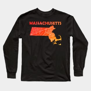 Colorful mandala art map of Massachusetts with text in red and orange Long Sleeve T-Shirt